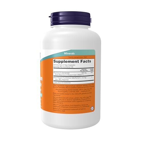 Now Supplements, Magnesium Glycinat mit BioPerin – 180 vegane Kapseln