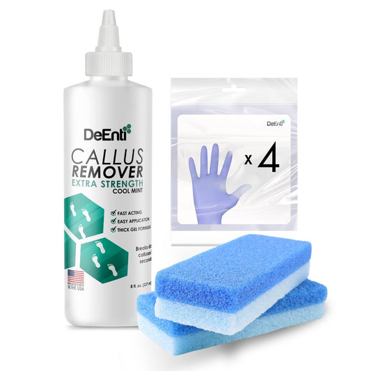 DeEnti Doppelpack Bimsstein Set – Fußpflege-Set mit Minz-Callus-Entferner, 2 Bimssteinen und 4 Handschuhen