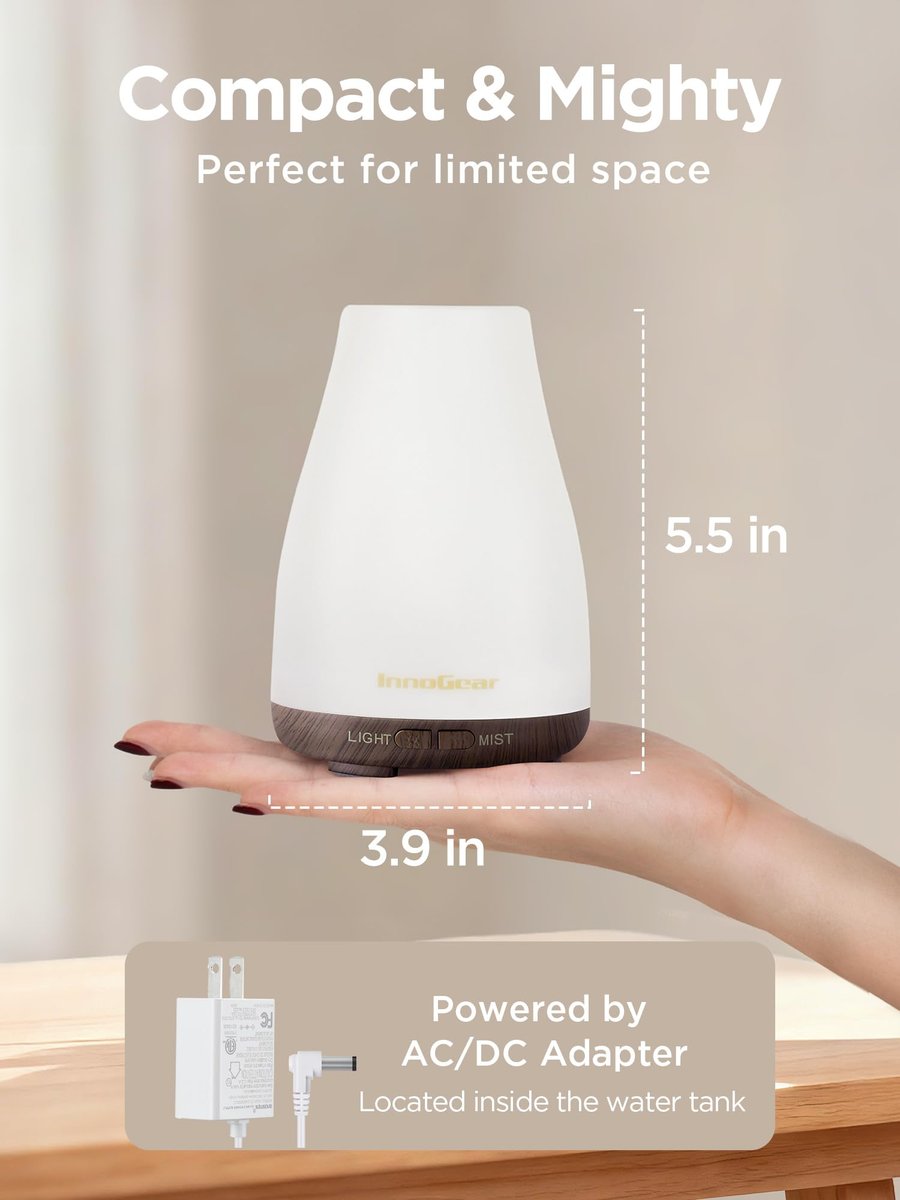InnoGear Aroma-Diffuser – Ultraschall Diffuser für Aromatherapie, 100 ml, 7 Farben LED, 2 Nebelmodi, Auto-Abschaltung, braune Basis