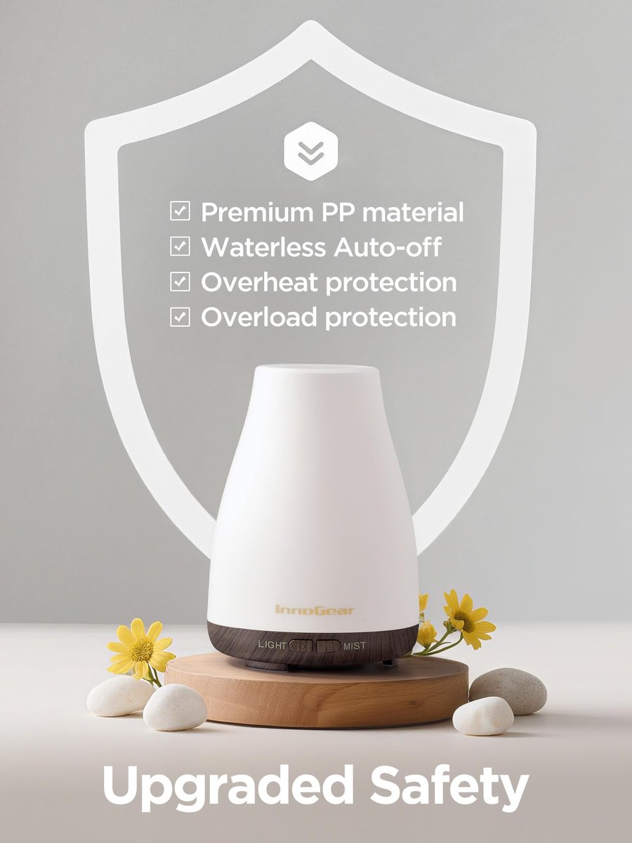 InnoGear Aroma-Diffuser – Ultraschall Diffuser für Aromatherapie, 100 ml, 7 Farben LED, 2 Nebelmodi, Auto-Abschaltung, braune Basis