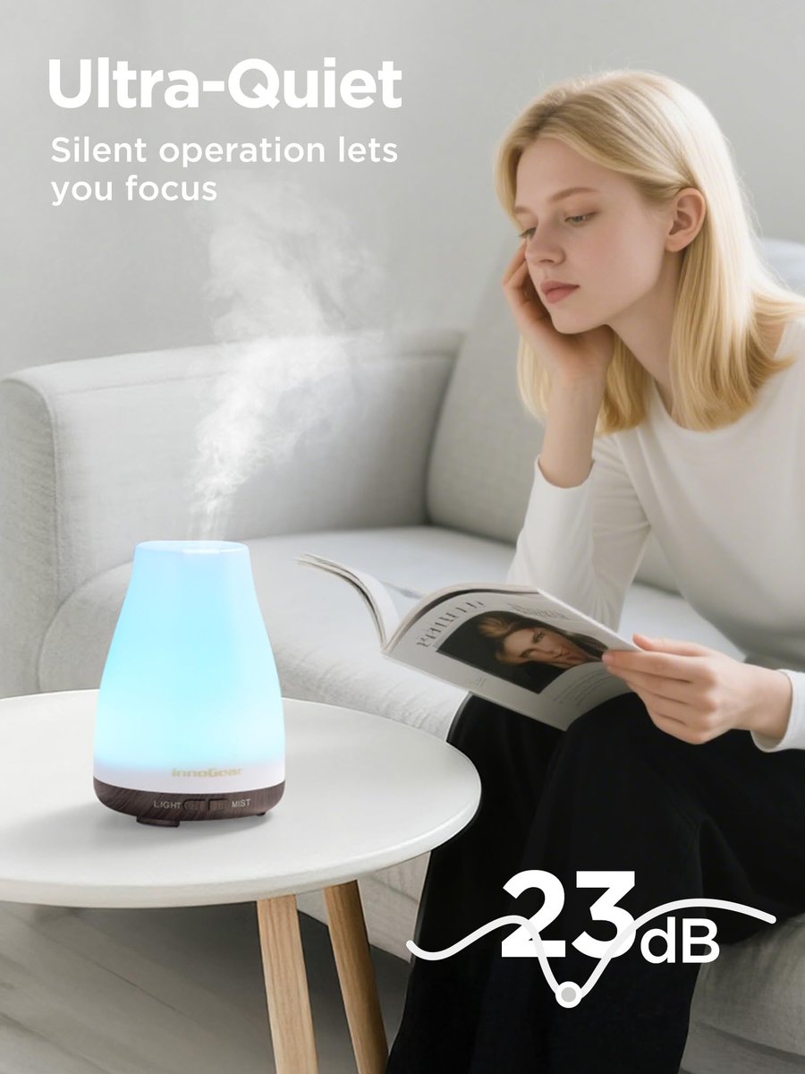 InnoGear Aroma-Diffuser – Ultraschall Diffuser für Aromatherapie, 100 ml, 7 Farben LED, 2 Nebelmodi, Auto-Abschaltung, braune Basis