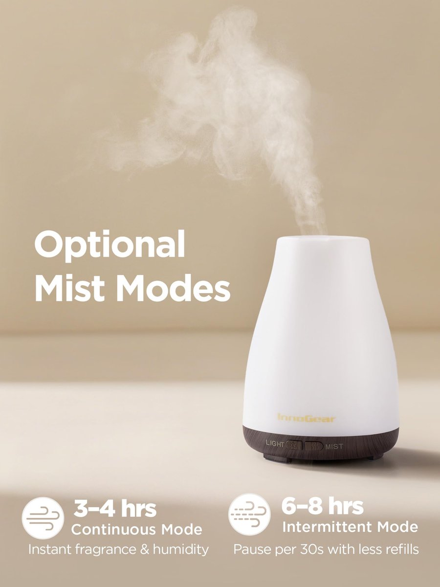 InnoGear Aroma-Diffuser – Ultraschall Diffuser für Aromatherapie, 100 ml, 7 Farben LED, 2 Nebelmodi, Auto-Abschaltung, braune Basis