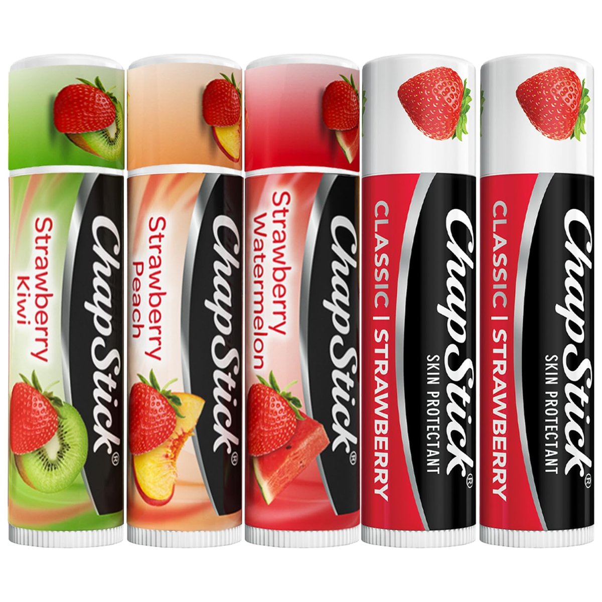 ChapStick Erdbeer-Lippenbalsam 5er-Pack – Remix 3er-Pack + Original 2er-Pack, süße & fruchtige Feuchtigkeitspflege für trockene Lippen, 0,15 Oz pro Stück