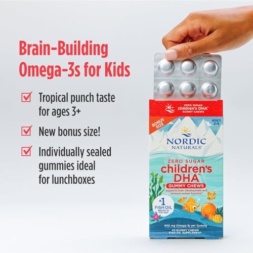 Nordic Naturals Zero Sugar Children’s DHA Gummy Chews, Tropical Punch - 45 Gummibärchen für Kinder - 600 mg Omega-3 gesamt - Gehirnentwicklung, Lernen, gesundes Immunsystem - Non-GMO - 45 Portionen