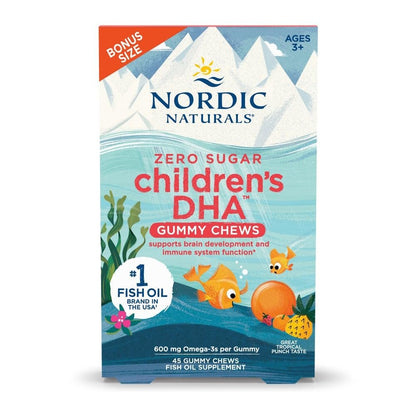 Nordic Naturals Zero Sugar Children’s DHA Gummy Chews, Tropical Punch - 45 Gummibärchen für Kinder - 600 mg Omega-3 gesamt - Gehirnentwicklung, Lernen, gesundes Immunsystem - Non-GMO - 45 Portionen