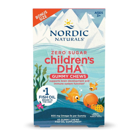 Nordic Naturals Zero Sugar Children’s DHA Gummy Chews, Tropical Punch - 45 Gummibärchen für Kinder - 600 mg Omega-3 gesamt - Gehirnentwicklung, Lernen, gesundes Immunsystem - Non-GMO - 45 Portionen