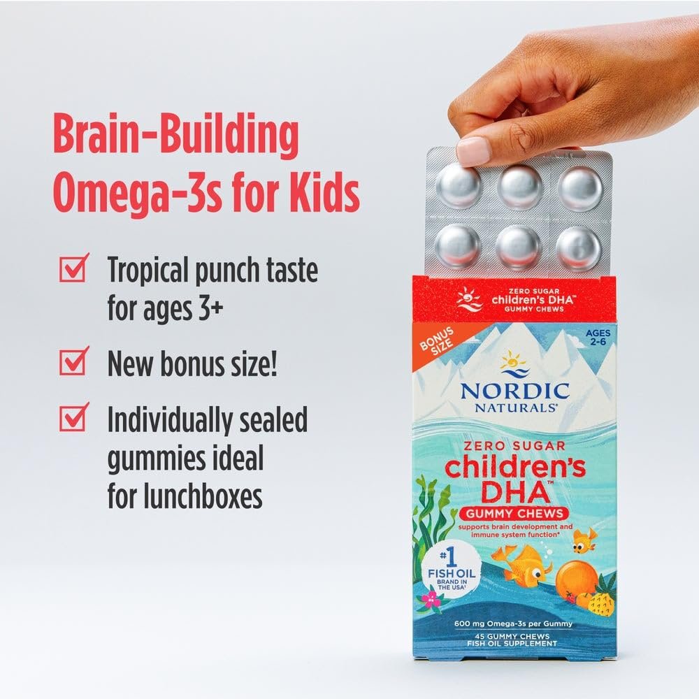 Nordic Naturals Zero Sugar Children’s DHA Gummy Chews, Tropical Punch - 45 Gummibärchen für Kinder - 600 mg Omega-3 gesamt - Gehirnentwicklung, Lernen, gesundes Immunsystem - Non-GMO - 45 Portionen