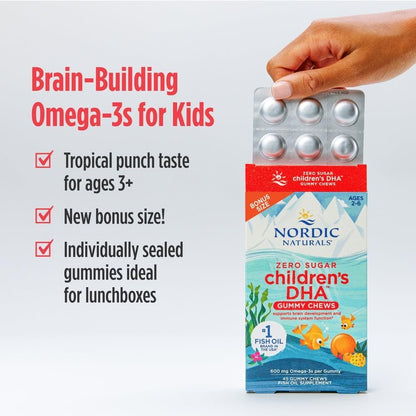 Nordic Naturals Zero Sugar Children’s DHA Gummy Chews, Tropical Punch - 45 Gummibärchen für Kinder - 600 mg Omega-3 gesamt - Gehirnentwicklung, Lernen, gesundes Immunsystem - Non-GMO - 45 Portionen