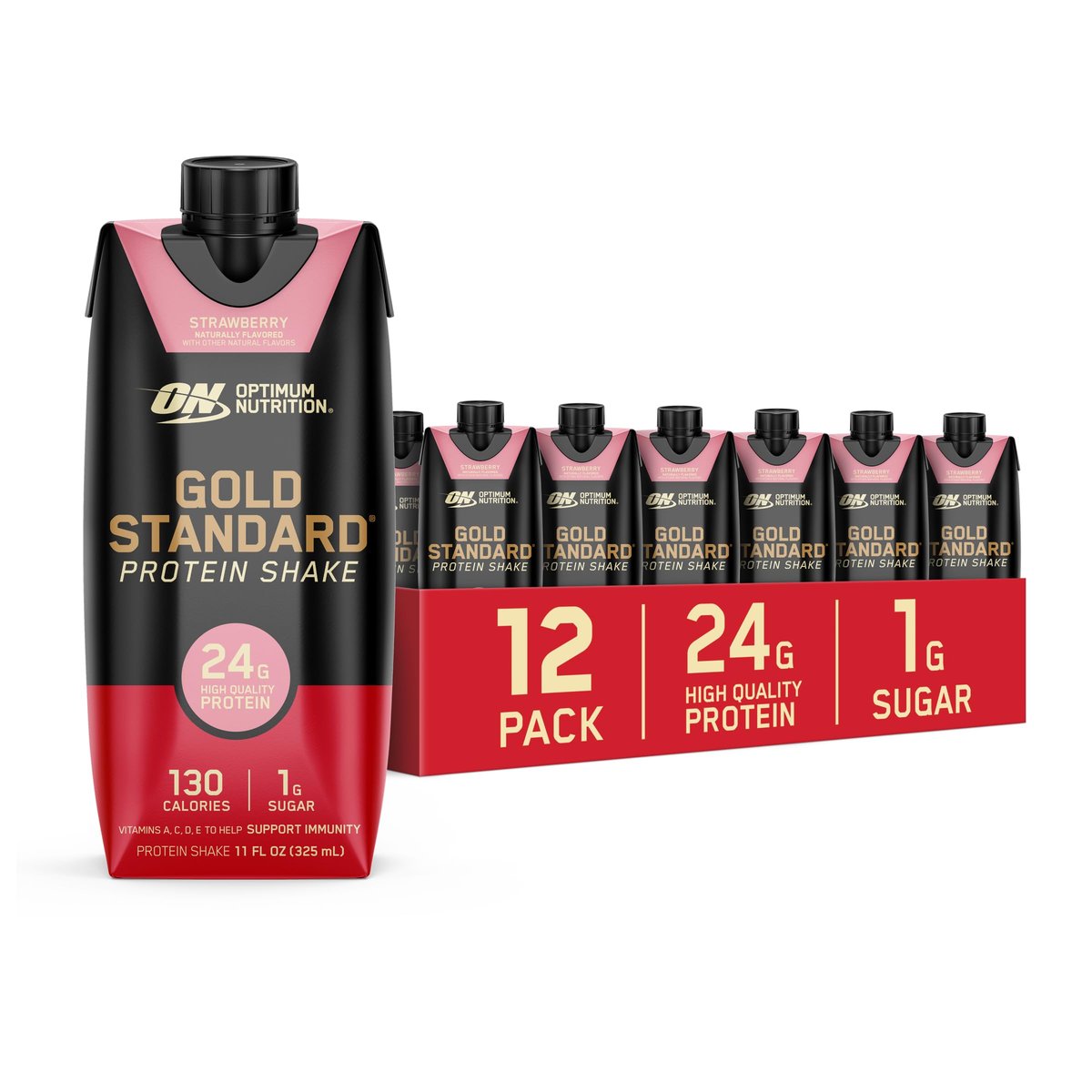Optimum Nutrition Gold Standard Protein Shake – 24g Protein, trinkfertig, Erdbeer-Geschmack, 11 Fl Oz, 12er-Pack