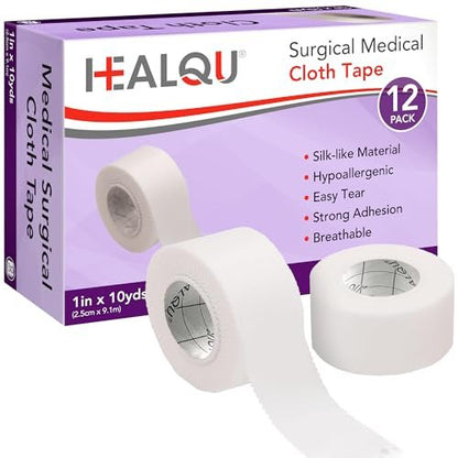 Healqu Seidenähnliches medizinisches Klebeband – strapazierfähiges Stoffpflaster 1 Zoll x 10 Yards – chirurgisches Klebeband für starke Fixierung großer Verbände, Schienen und ideale Langzeitpflege (1"x10yd, 12er-Pack)