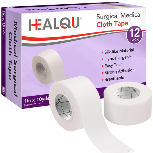 Healqu Seidenähnliches medizinisches Klebeband – strapazierfähiges Stoffpflaster 1 Zoll x 10 Yards – chirurgisches Klebeband für starke Fixierung großer Verbände, Schienen und ideale Langzeitpflege (1"x10yd, 12er-Pack)