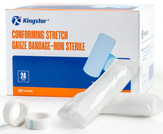 K Kingstar Mullbinden 10 cm x 3,7 m, 24 Rollen, elastische Fixierbinden, einzeln verpackt, inklusive medizinischem Klebeband