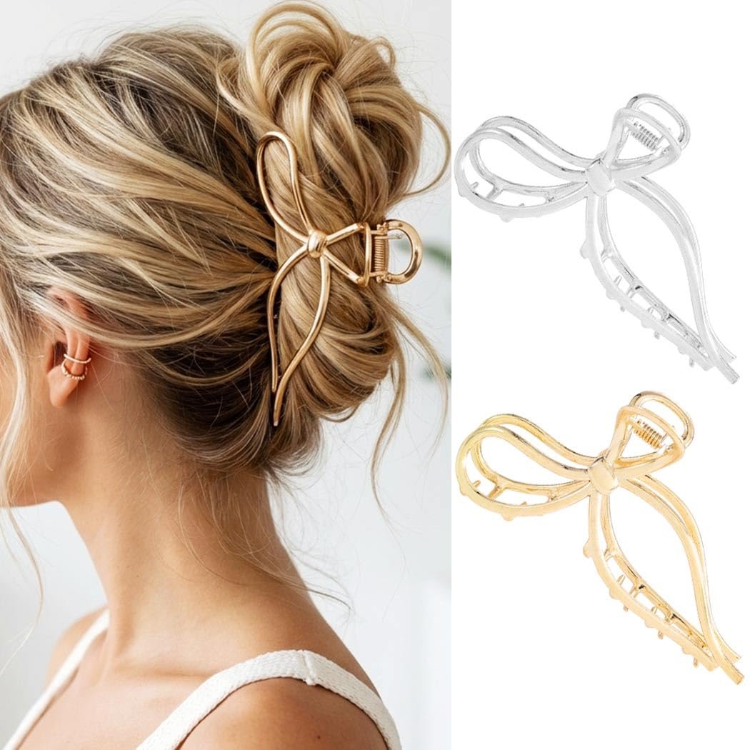CAKURE Gold & Silber Bow Claw Haarspangen für Frauen – 2er-Pack Metall Haarspangen für mittleres Haar