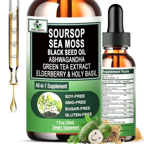 Soursop Drops – Soursop Bitters Liquid mit Seemoos, Schwarzkümmelöl, Grüntee-Extrakt, Ashwagandha, Holunderbeeren, Heiliges Basilikum – Multimineral- & Vitamin-Superfood-Tropfen für Immun-, Verdauungs- & Zellunterstützung