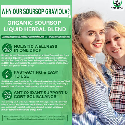 Soursop Drops – Soursop Bitters Liquid mit Seemoos, Schwarzkümmelöl, Grüntee-Extrakt, Ashwagandha, Holunderbeeren, Heiliges Basilikum – Multimineral- & Vitamin-Superfood-Tropfen für Immun-, Verdauungs- & Zellunterstützung