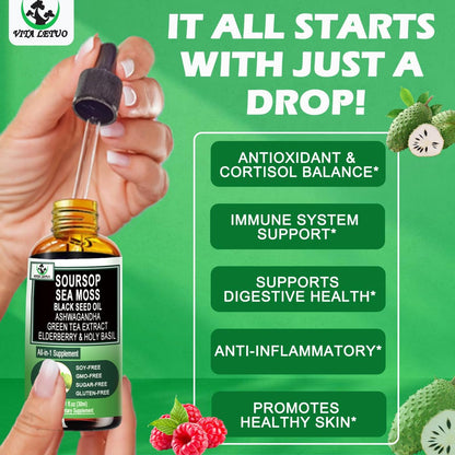 Soursop Drops – Soursop Bitters Liquid mit Seemoos, Schwarzkümmelöl, Grüntee-Extrakt, Ashwagandha, Holunderbeeren, Heiliges Basilikum – Multimineral- & Vitamin-Superfood-Tropfen für Immun-, Verdauungs- & Zellunterstützung