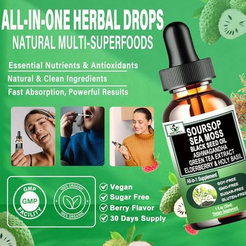 Soursop Drops – Soursop Bitters Liquid mit Seemoos, Schwarzkümmelöl, Grüntee-Extrakt, Ashwagandha, Holunderbeeren, Heiliges Basilikum – Multimineral- & Vitamin-Superfood-Tropfen für Immun-, Verdauungs- & Zellunterstützung