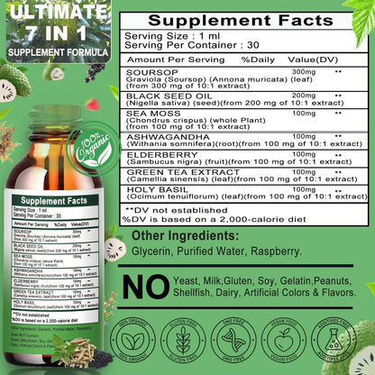 Soursop Drops – Soursop Bitters Liquid mit Seemoos, Schwarzkümmelöl, Grüntee-Extrakt, Ashwagandha, Holunderbeeren, Heiliges Basilikum – Multimineral- & Vitamin-Superfood-Tropfen für Immun-, Verdauungs- & Zellunterstützung
