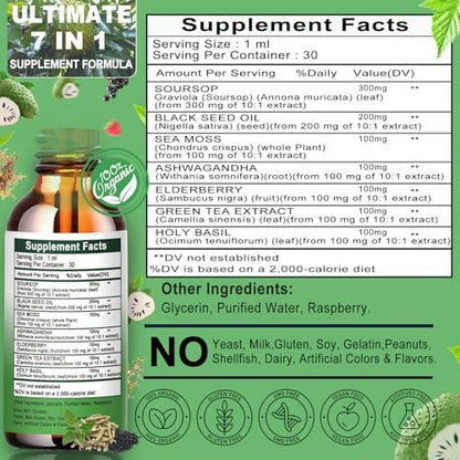 Soursop Drops – Soursop Bitters Liquid mit Seemoos, Schwarzkümmelöl, Grüntee-Extrakt, Ashwagandha, Holunderbeeren, Heiliges Basilikum – Multimineral- & Vitamin-Superfood-Tropfen für Immun-, Verdauungs- & Zellunterstützung