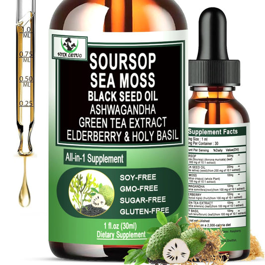 Soursop Drops – Soursop Bitters Liquid mit Seemoos, Schwarzkümmelöl, Grüntee-Extrakt, Ashwagandha, Holunderbeeren, Heiliges Basilikum – Multimineral- & Vitamin-Superfood-Tropfen für Immun-, Verdauungs- & Zellunterstützung