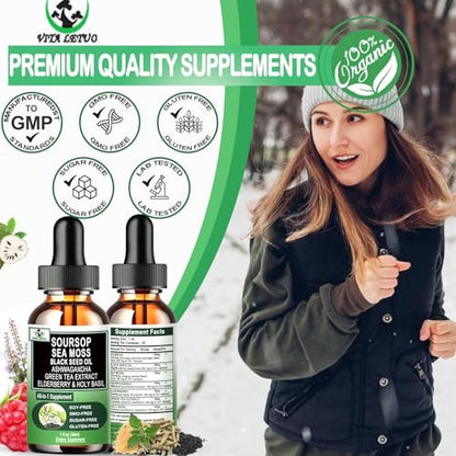 Soursop Drops – Soursop Bitters Liquid mit Seemoos, Schwarzkümmelöl, Grüntee-Extrakt, Ashwagandha, Holunderbeeren, Heiliges Basilikum – Multimineral- & Vitamin-Superfood-Tropfen für Immun-, Verdauungs- & Zellunterstützung