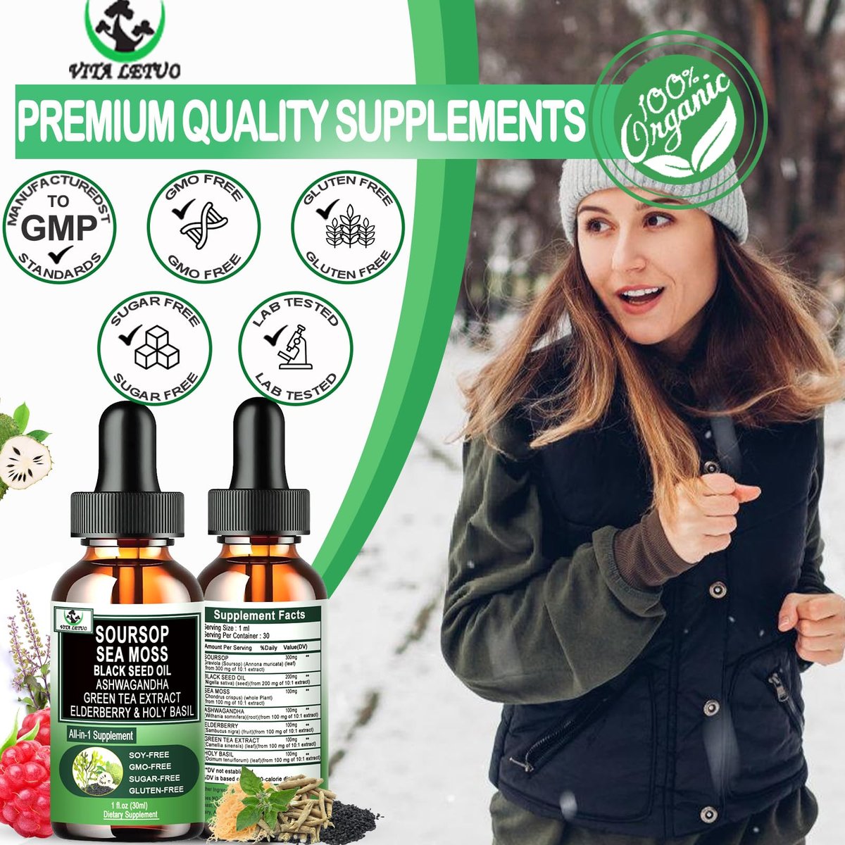 Soursop Drops – Soursop Bitters Liquid mit Seemoos, Schwarzkümmelöl, Grüntee-Extrakt, Ashwagandha, Holunderbeeren, Heiliges Basilikum – Multimineral- & Vitamin-Superfood-Tropfen für Immun-, Verdauungs- & Zellunterstützung
