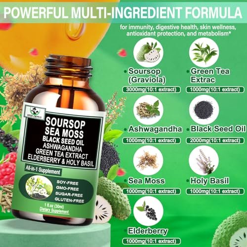 Soursop Drops – Soursop Bitters Liquid mit Seemoos, Schwarzkümmelöl, Grüntee-Extrakt, Ashwagandha, Holunderbeeren, Heiliges Basilikum – Multimineral- & Vitamin-Superfood-Tropfen für Immun-, Verdauungs- & Zellunterstützung