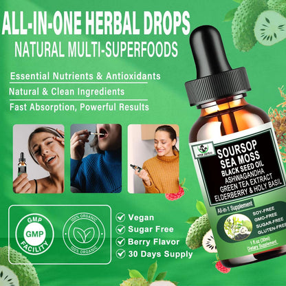 Soursop Drops – Soursop Bitters Liquid mit Seemoos, Schwarzkümmelöl, Grüntee-Extrakt, Ashwagandha, Holunderbeeren, Heiliges Basilikum – Multimineral- & Vitamin-Superfood-Tropfen für Immun-, Verdauungs- & Zellunterstützung