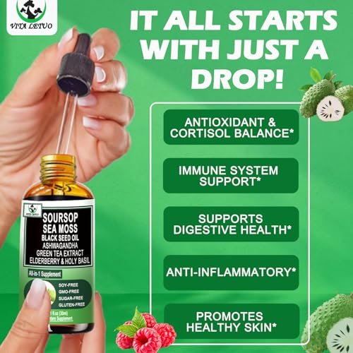 Soursop Drops – Soursop Bitters Liquid mit Seemoos, Schwarzkümmelöl, Grüntee-Extrakt, Ashwagandha, Holunderbeeren, Heiliges Basilikum – Multimineral- & Vitamin-Superfood-Tropfen für Immun-, Verdauungs- & Zellunterstützung