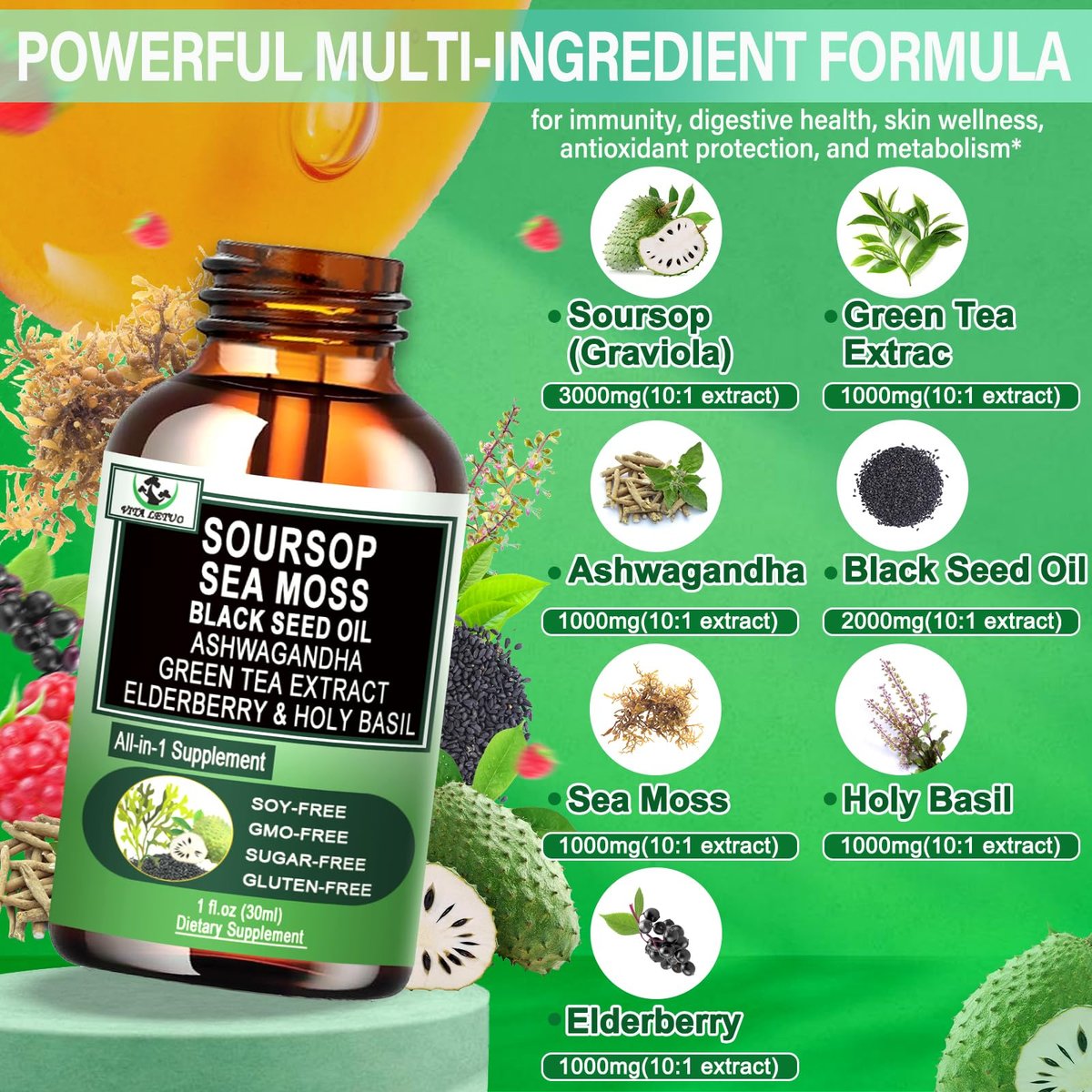 Soursop Drops – Soursop Bitters Liquid mit Seemoos, Schwarzkümmelöl, Grüntee-Extrakt, Ashwagandha, Holunderbeeren, Heiliges Basilikum – Multimineral- & Vitamin-Superfood-Tropfen für Immun-, Verdauungs- & Zellunterstützung