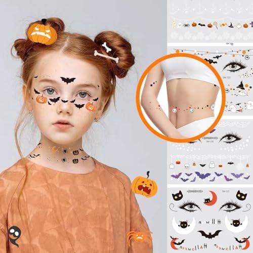 Halloween Gesichts-Tattoos für Kinder – 12 Blätter mit Kürbis, Spinne, Fledermaus, Geist und mehr – temporäre Aufkleber für Halloween-Partys