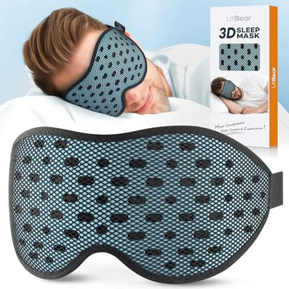 LitBear Atmungsaktive Schlafmaske – 3D-Augenmaske für Seitenschläfer, Männer & Frauen, lichtblockierende Schlafbrille mit verstellbarem Band, weiche leichte Augenabdeckung für Reisen, Nachtschicht, Nickerchen – Eisblau