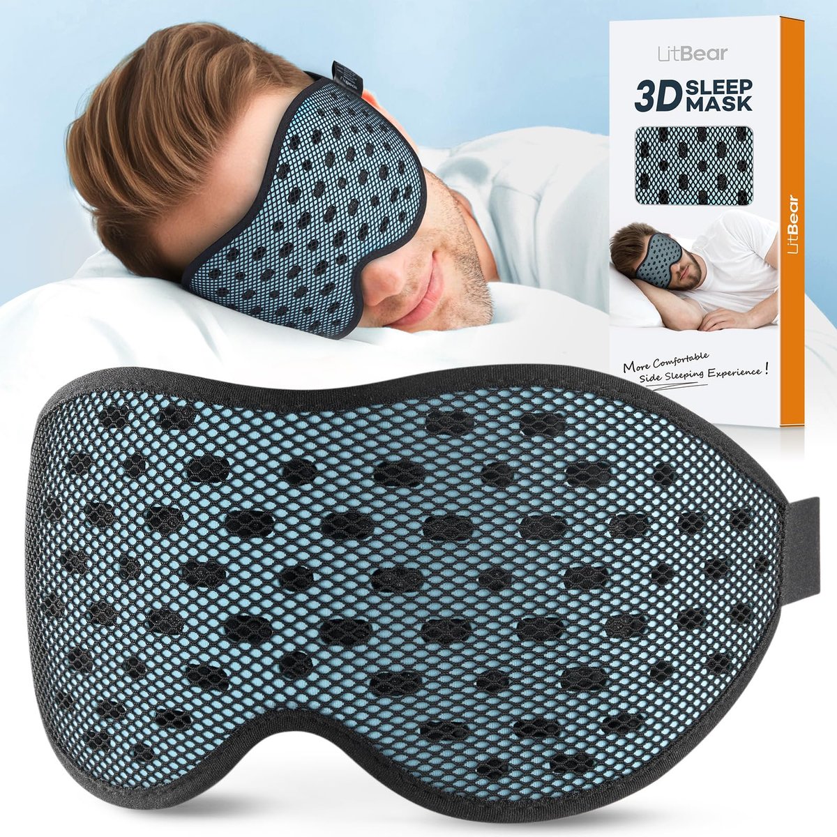 LitBear Atmungsaktive Schlafmaske – 3D-Augenmaske für Seitenschläfer, Männer & Frauen, lichtblockierende Schlafbrille mit verstellbarem Band, weiche leichte Augenabdeckung für Reisen, Nachtschicht, Nickerchen – Eisblau