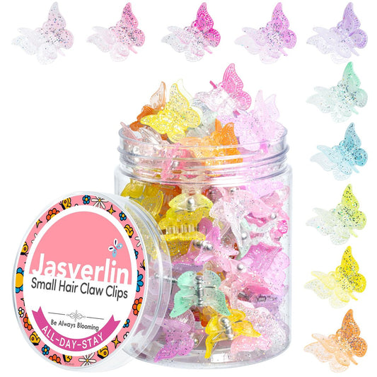 JASVERLIN Schmetterlings-Clips für Haare mit Glitzer, kleine 90er Y2K Butterflies, süße Mini-Haarclips für Mädchen, 10 verschiedene Regenbogenfarben, 50 Stück (Dreamy)