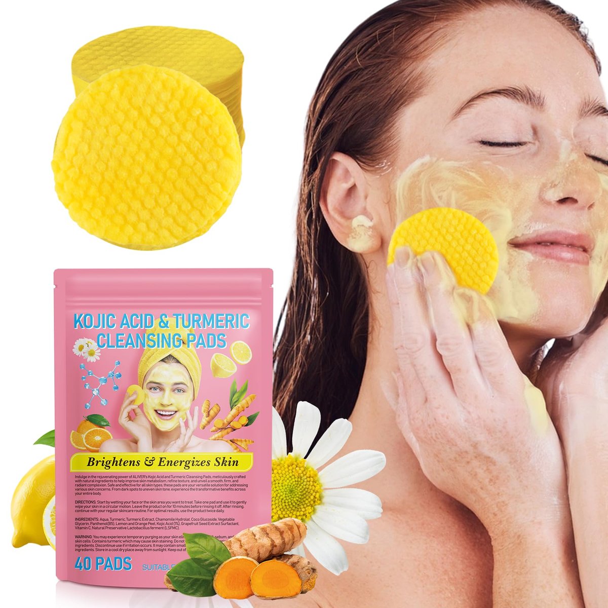 Turmeric Reinigungspads, Kojic Säure Pads für die Haut, hilft Hautöl und Wasser auszugleichen 40 Stück