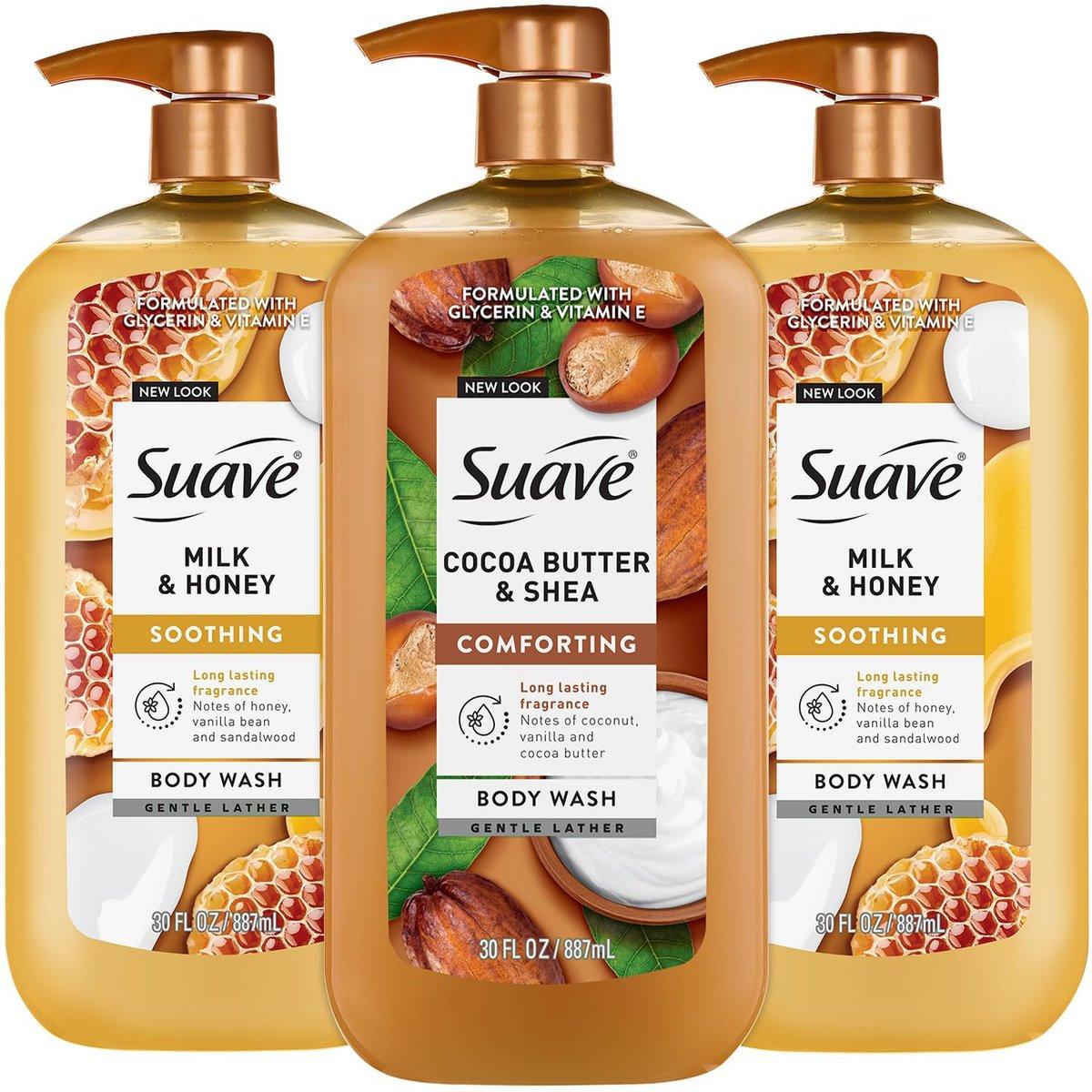 Suave Body Wash Variety Bundle – Milch & Honig 2er-Pack & Kakaobutter Shea, sanfte & feuchtigkeitsspendende Duschgels mit Vitamin E, 30 Fl Oz pro Stück (3er-Set)