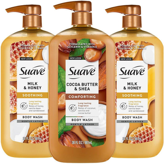 Suave Body Wash Variety Bundle – Milch & Honig 2er-Pack & Kakaobutter Shea, sanfte & feuchtigkeitsspendende Duschgels mit Vitamin E, 30 Fl Oz pro Stück (3er-Set)