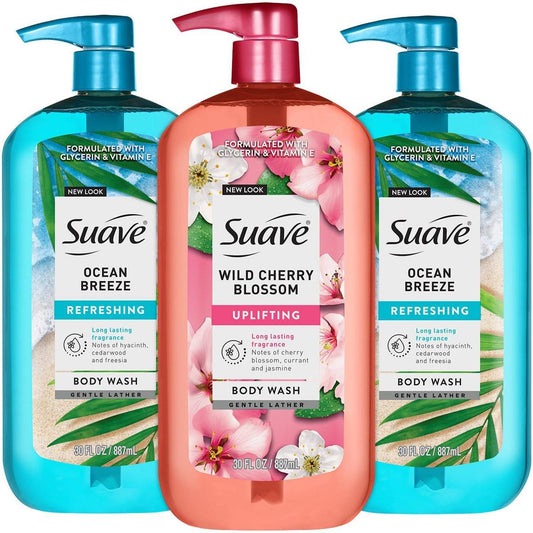 Suave Body Wash Variety Bundle – Ocean Breeze 2er-Pack & Wild Cherry Blossom – Sanfte & feuchtigkeitsspendende Duschgele mit Vitamin E – 3 x 887 ml (30 oz)
