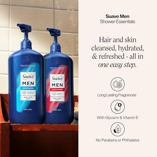 Suave Men Body + Face Wash Bundle – Energizing Sport (Bergamot & Wood) 2er-Pack + Erfrischend (Zeder & Mandarine), 30 Oz pro Flasche