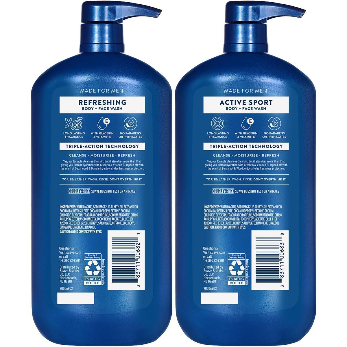 Suave Men Body + Face Wash Bundle – Energizing Sport (Bergamot & Wood) 2er-Pack + Erfrischend (Zeder & Mandarine), 30 Oz pro Flasche