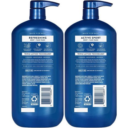 Suave Men Body + Face Wash Bundle – Energizing Sport (Bergamot & Wood) 2er-Pack + Erfrischend (Zeder & Mandarine), 30 Oz pro Flasche