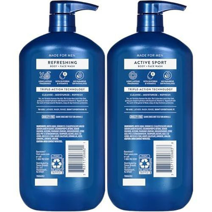 Suave Men Body + Face Wash Bundle – Energizing Sport (Bergamot & Wood) 2er-Pack + Erfrischend (Zeder & Mandarine), 30 Oz pro Flasche