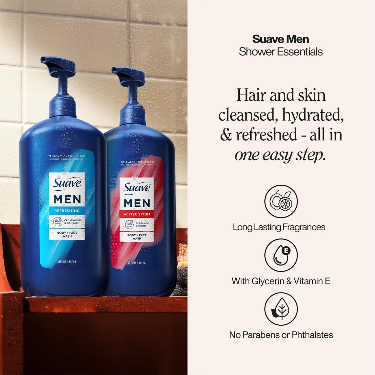 Suave Men Body + Face Wash Bundle – Energizing Sport (Bergamot & Wood) 2er-Pack + Erfrischend (Zeder & Mandarine), 30 Oz pro Flasche