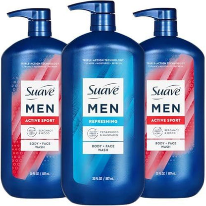 Suave Men Body + Face Wash Bundle – Energizing Sport (Bergamot & Wood) 2er-Pack + Erfrischend (Zeder & Mandarine), 30 Oz pro Flasche