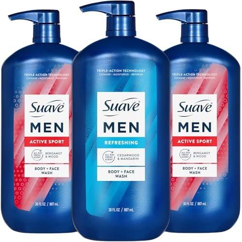 Suave Men Body + Face Wash Bundle – Energizing Sport (Bergamot & Wood) 2er-Pack + Erfrischend (Zeder & Mandarine), 30 Oz pro Flasche
