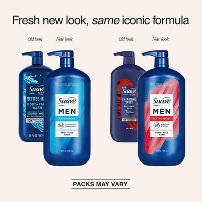 Suave Men Body + Face Wash Bundle – Energizing Sport (Bergamot & Wood) 2er-Pack + Erfrischend (Zeder & Mandarine), 30 Oz pro Flasche