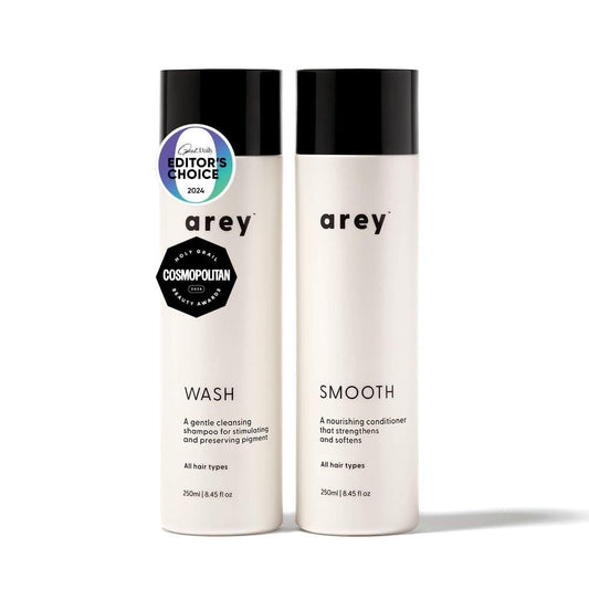 Arey Shower Duo | Tägliches Shampoo und Glättender Conditioner Set | Verzögert und reduziert Anzeichen von ergrauendem Haar | Feuchtigkeitsspendend, glättend | Vegan, glutenfrei & tierversuchsfrei (2er-Pack)