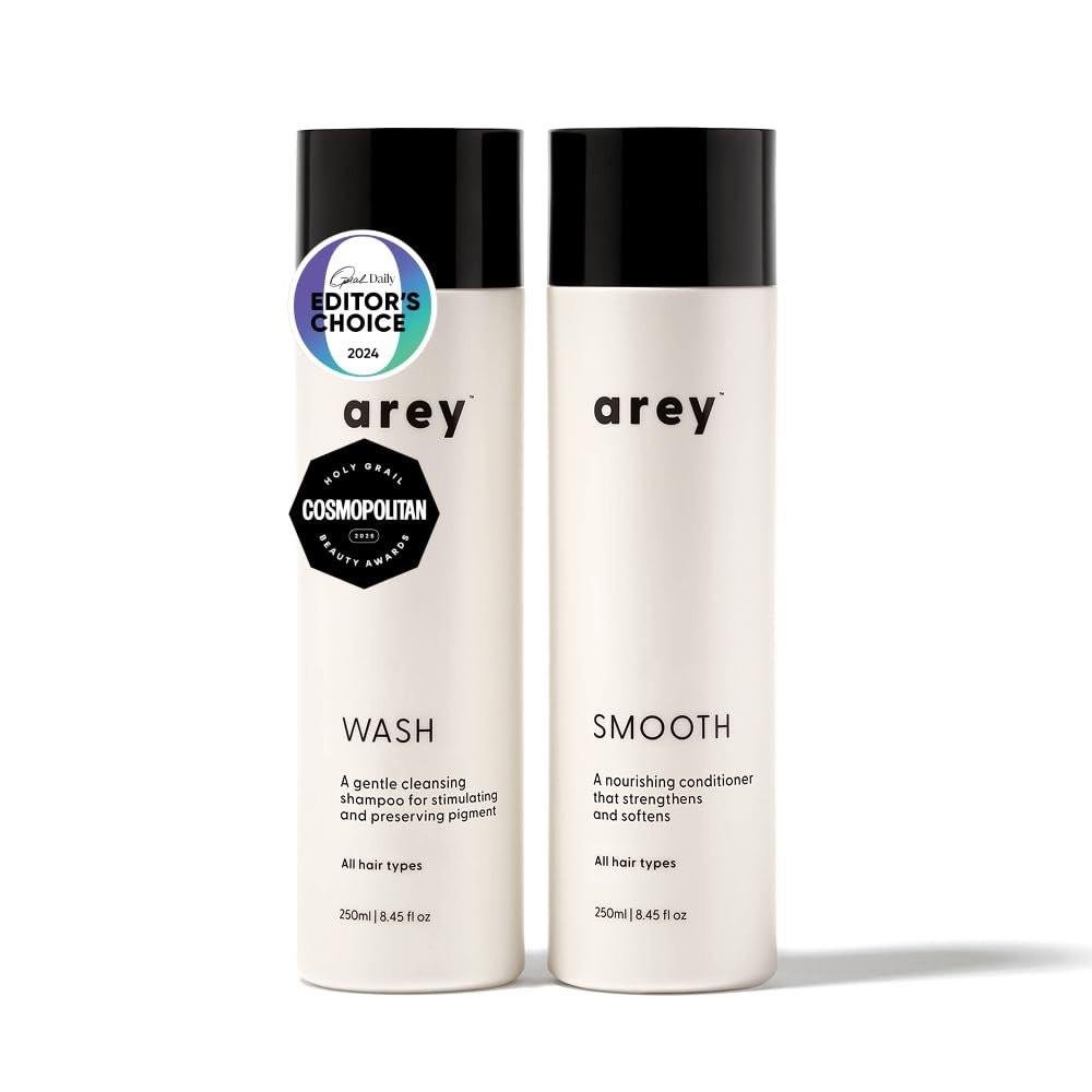 Arey Shower Duo | Tägliches Shampoo und Glättender Conditioner Set | Verzögert und reduziert Anzeichen von ergrauendem Haar | Feuchtigkeitsspendend, glättend | Vegan, glutenfrei & tierversuchsfrei (2er-Pack)
