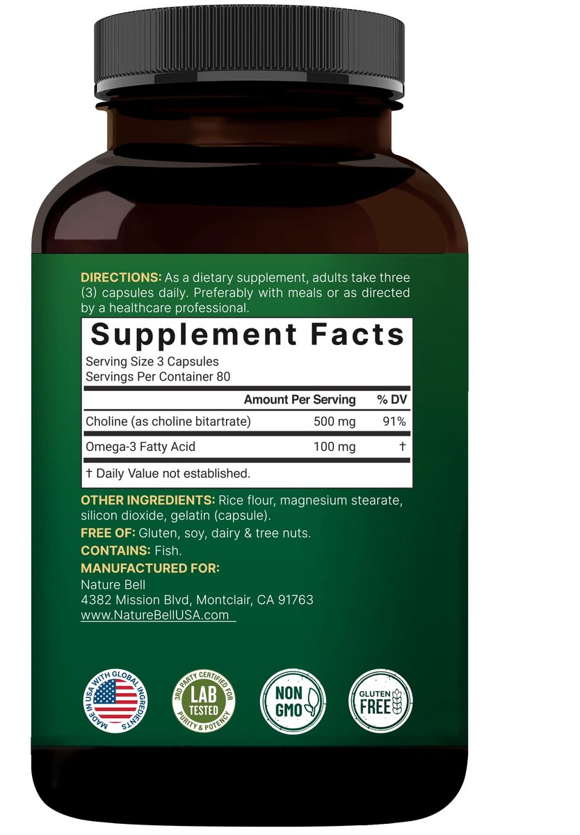 NatureBell Cholin 500 mg mit Omega-3-Fettsäuren, 240 Kapseln | Hochdosierte 2-in-1 Cholinbitartrat-Formel | Non-GMO
