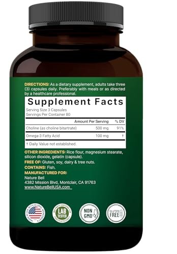 NatureBell Cholin 500 mg mit Omega-3-Fettsäuren, 240 Kapseln | Hochdosierte 2-in-1 Cholinbitartrat-Formel | Non-GMO